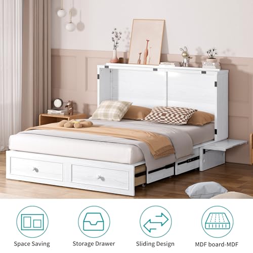 BALUS Murphy Bed Cabinet, 63" W Queen, Tri-fold Mattress, Cherry G595
