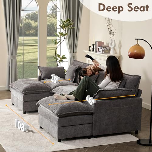 U Shaped Modular Sectional Sofa with Ottoman, Chenille, Black P2121