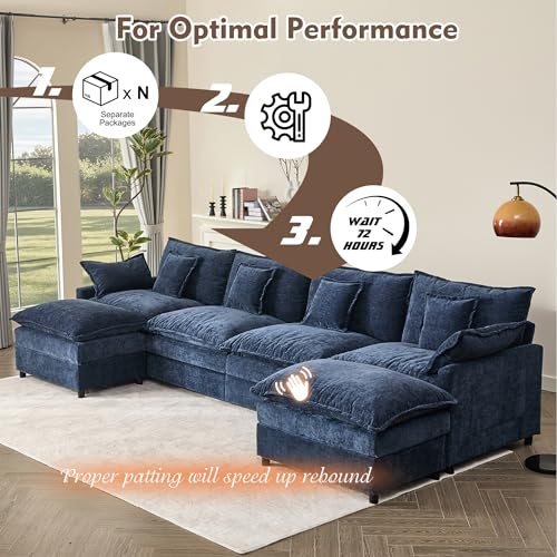 U Shaped Modular Sectional Sofa with Ottoman, Chenille, Black P2121