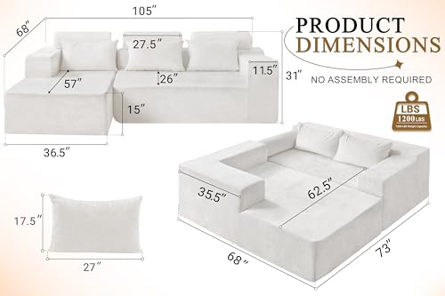 HABUTWAY 105" L-Shape Modular Sectional Sofa, Grey Velvet G848557