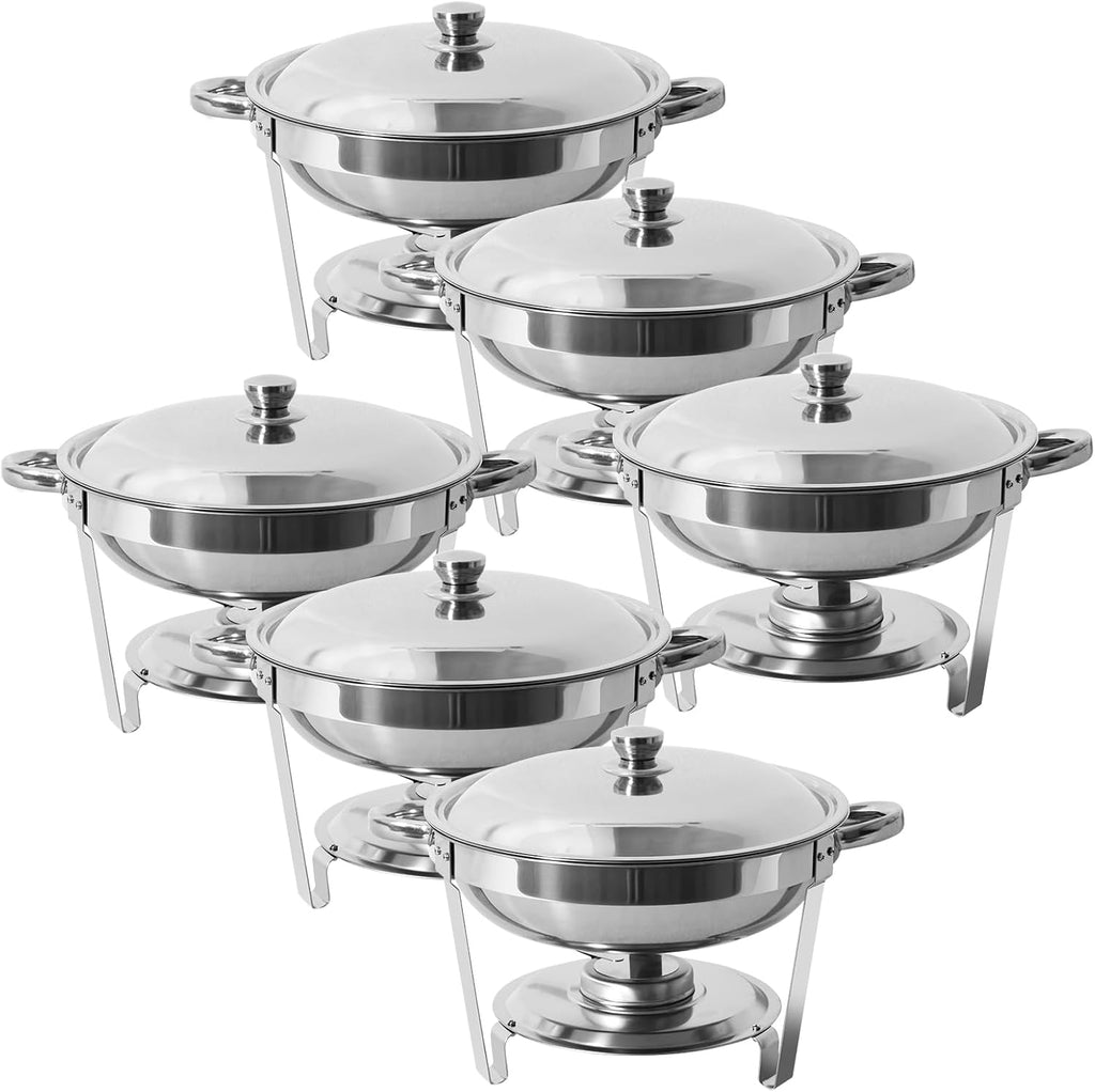 5 Qt Chafing Dish Buffet Set 6 Pack, Stainless Steel Round Chafers and Buffet Warmers Sets with Food and Water Trays for Catering