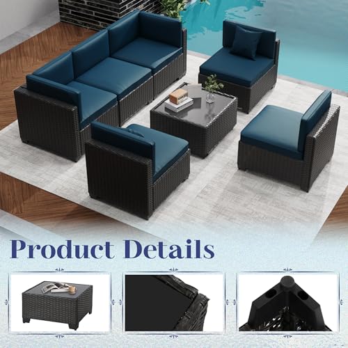 KIGOTY Patio Furniture Set 7 Pieces Outdoor Sectional Sofa with Cushions and Glass Coffee Table B60021