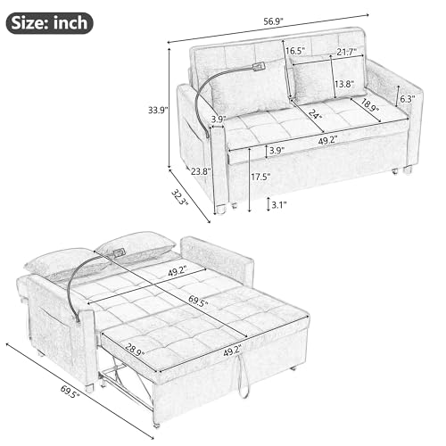 Merax 3 in 1 Convertible Sleeper Sofa Bed Futon with USB Ports, Brown V2286