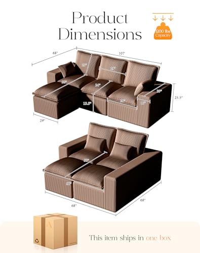Comfy Cloud Couch with L-Shape Chaise, Modular Sectional Sofa in a Box, Soft Corduroy, Black U67688