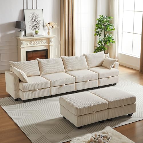 Oversized Modular Sectional Sofa with Movable Ottomans, U-Shaped Chenille J2923