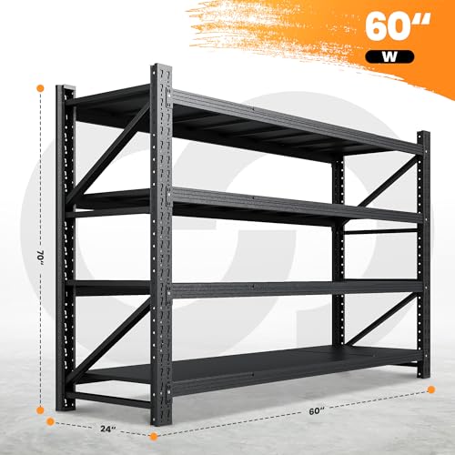 71" W Heavy Duty Steel Garage Shelving, 4-Tier Adjustable Storage Rack, Black C40455