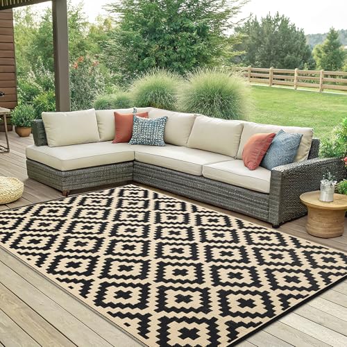 Smiry Waterproof Outdoor Rug 5x8 ft, Reversible Plastic Straw Patio Mat, Black & Beige P20186