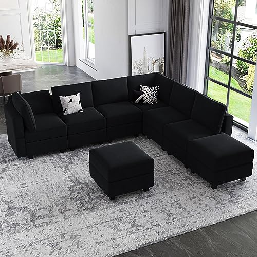 Belffin Modular Velvet Sectional Sofa with Chaise Lounge and Storage, Grey T418154