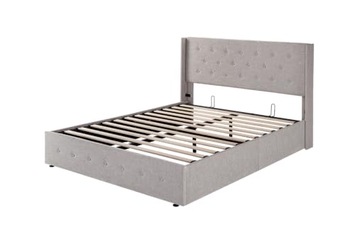 Allewie Full Size Lift Up Storage Bed with Wingback Headboard, Light Beige C85153