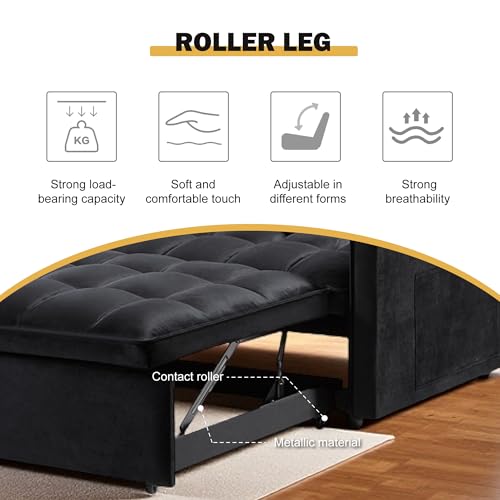 3 in 1 Sleeper Sofa Bed with Side Pocket, Black Convertible Futon Couch W34330