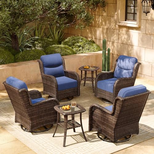 Luxury Patio Furniture Set 7PCS Wicker Conversation Set with Blue Cushions J5390