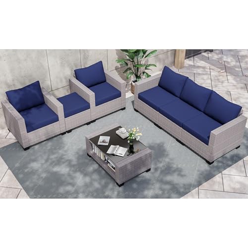KIGOTY Patio Furniture Set 7 Pieces Outdoor Sectional Sofa with Cushions and Glass Coffee Table B60021