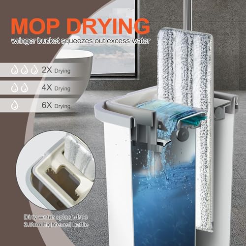 Mop and Bucket with Wringer Set, Flat Mop with 3 Microfiber Pads D53471