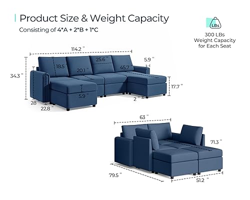 LINSY HOME Modular U Shaped Sectional Sofa with Storage, Blue M8981