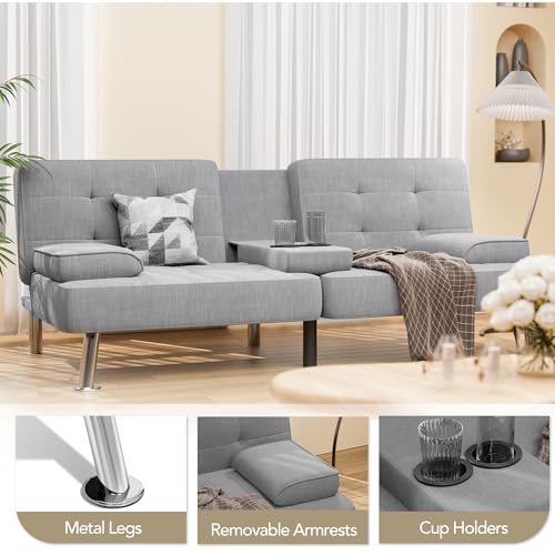 Shahoo Modern Linen Upholstered Convertible Futon Sofa Bed with Removable Armrests M32266