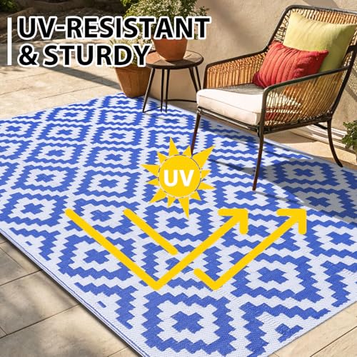 Smiry Waterproof Outdoor Rug 5x8 ft, Reversible Plastic Straw Patio Mat, Black & Beige P20186