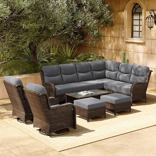 Luxury Patio Furniture Set 7PCS Wicker Conversation Set with Blue Cushions J5390