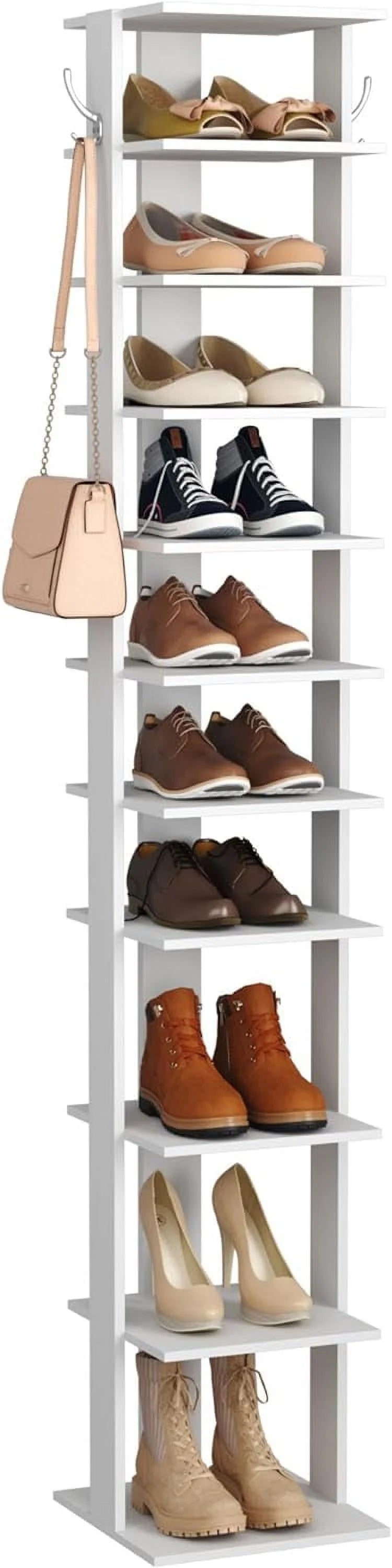 LIHONG 10-Tier Vertical Shoe Rack, Corner Shoe Tower, Slim Shoe Organizer with Two Hanging Hooks, Wooden Shoe Storage Stand for Entryway, Hallway, Closet (White)
