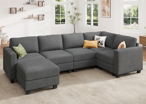 HONBAY Corduroy Modular Sectional Couch with Storage, Dark Gray A586576