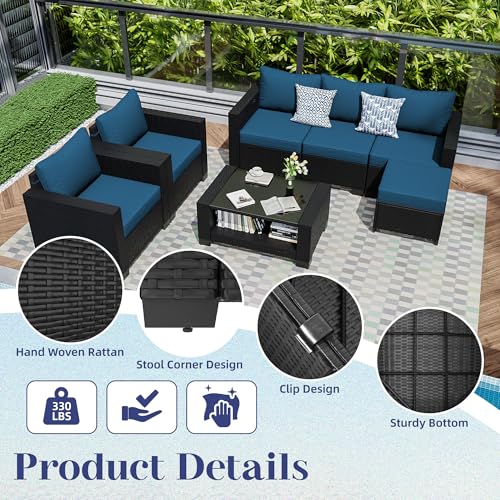KIGOTY Patio Furniture Set 7 Pieces Outdoor Sectional Sofa with Cushions and Glass Coffee Table B60021