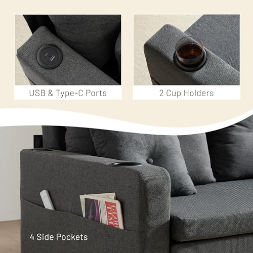 3 in 1 Pull Out Couch Convertible Sleeper Sofa Bed with Cup Holders, Grey U432