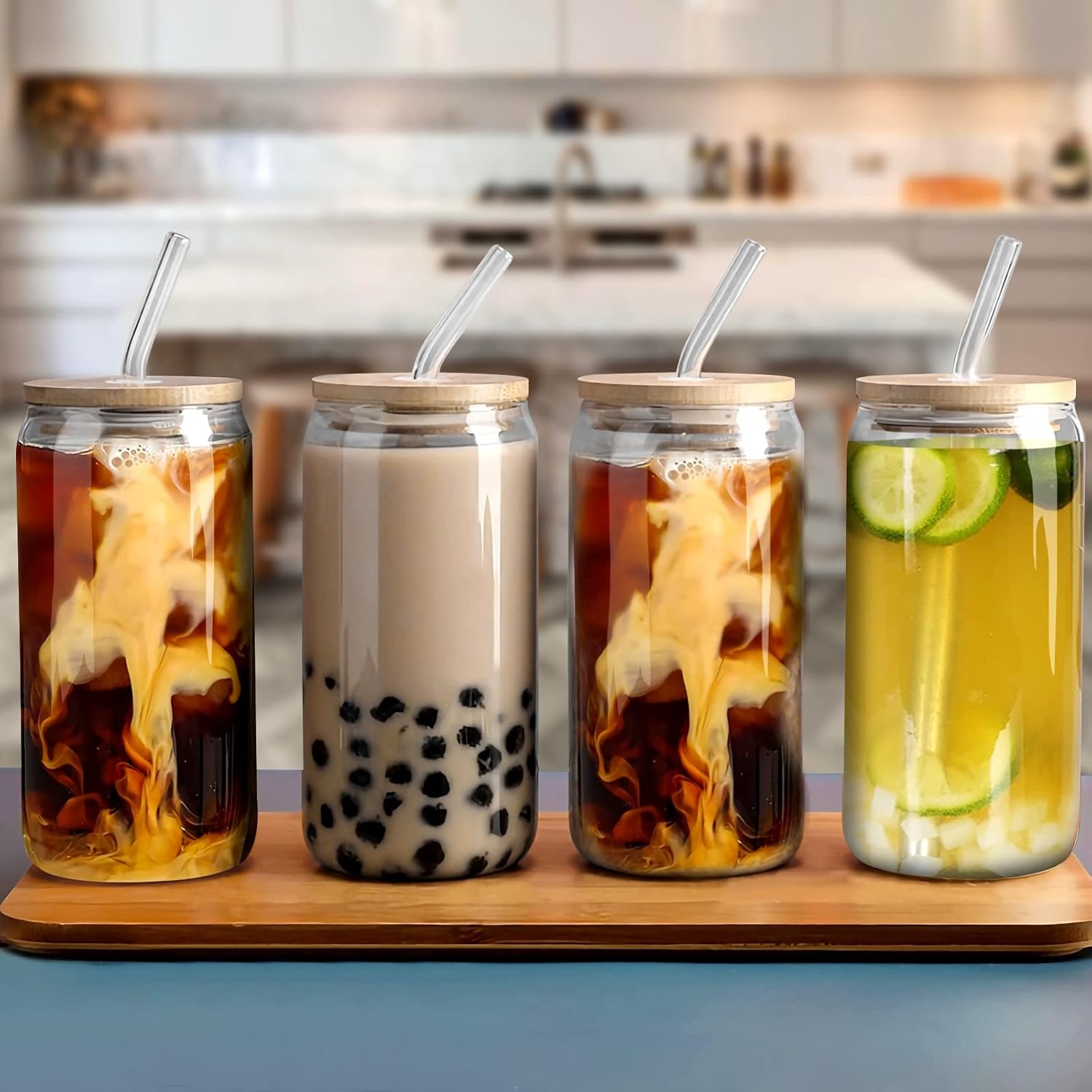 6 Pack Glass Cups with Bamboo Lids and Straws 16 oz Z667