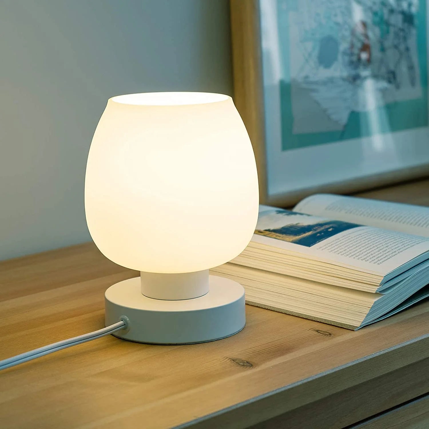 Touch Control Bedside Lamp with Glass Shade, 3-Way Dimmable J488501