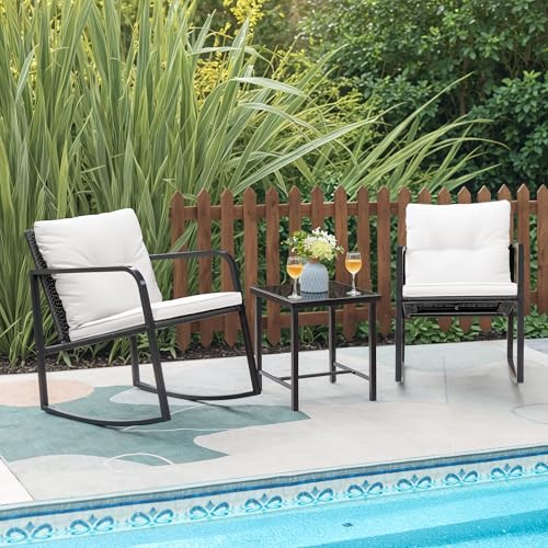 Greesum 3-Piece Rocking Wicker Bistro Set with Glass Coffee Table, Beige T6480