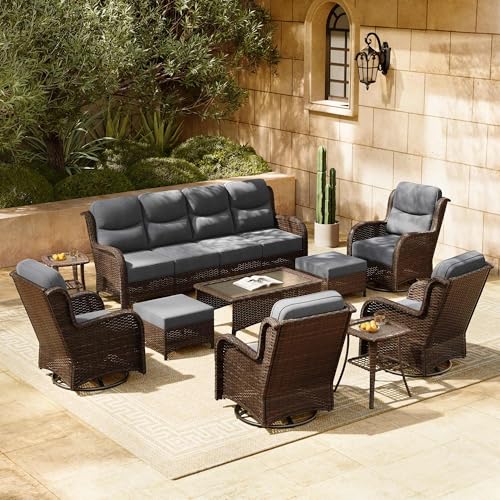 Luxury Patio Furniture Set 7PCS Wicker Conversation Set with Blue Cushions J5390