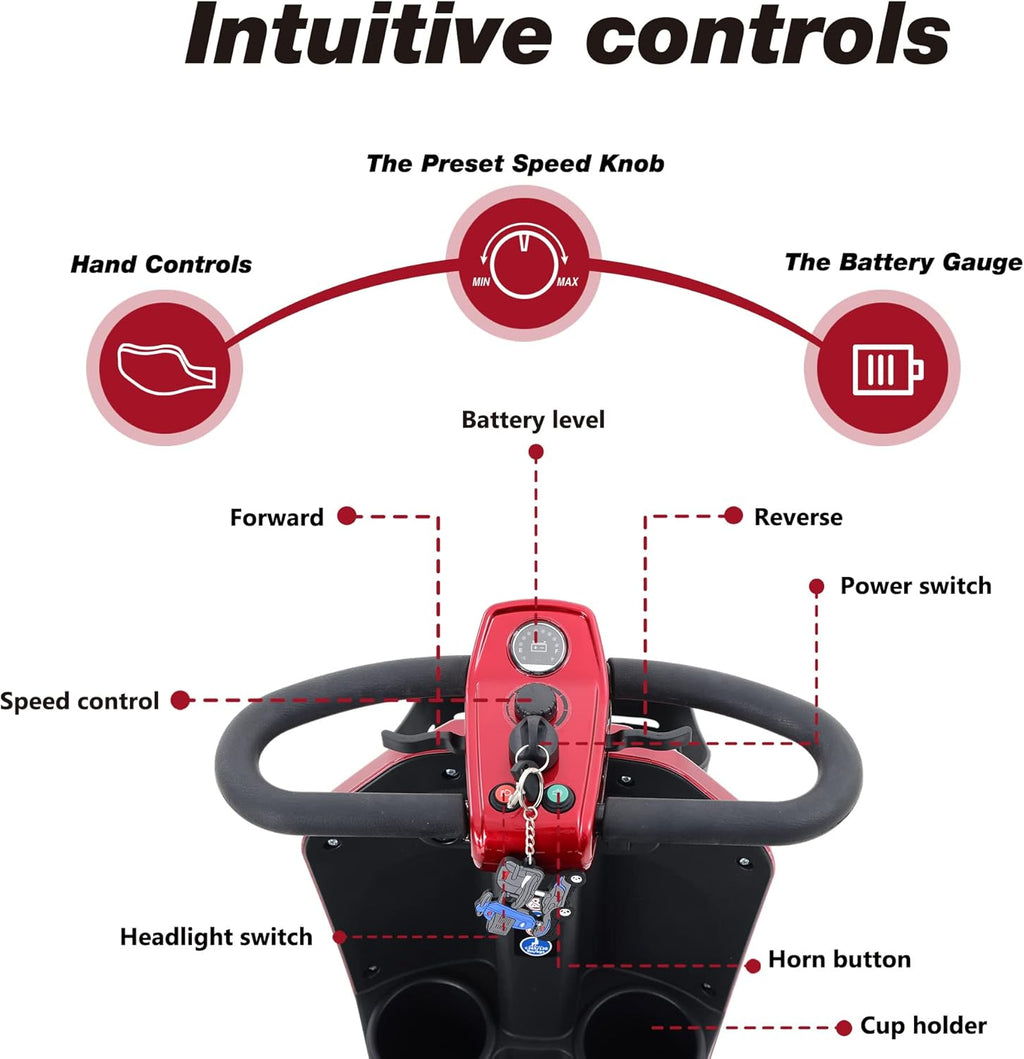Electric Mobility Scooter for Seniors Adults 4-Wheel Folding Travel Scooter with Extended Battery and Basket, Red G8869