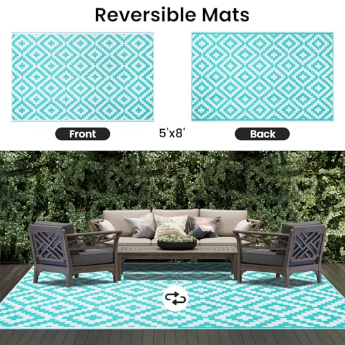 Smiry Waterproof Outdoor Rug 5x8 ft, Reversible Plastic Straw Patio Mat, Black & Beige P20186
