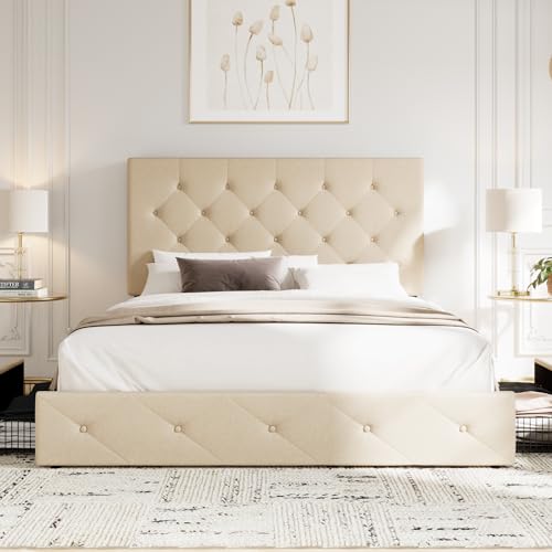 Allewie Upholstered Queen Platform Bed Frame with 4 Drawers and Headboard, Light Grey A922
