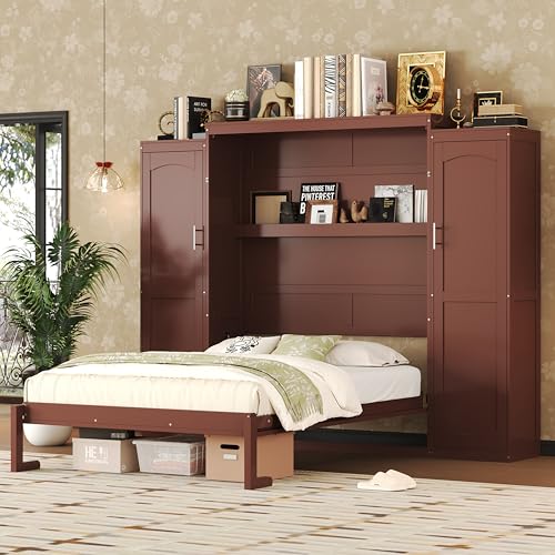 Polib Full Size Murphy Bed with Two Wardrobes and Storage Shelf, White S302797