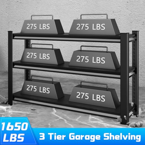 3-Tier Garage Shelving Heavy Duty, 48" W Metal Utility Rack, Black E7939