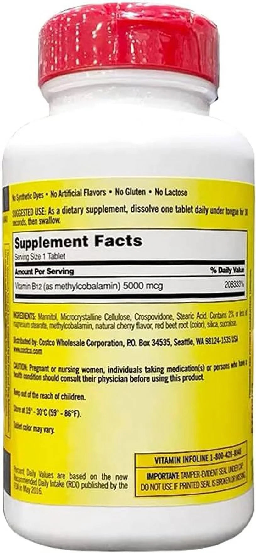Kir-kland Signature Vitamin B12 5000 mcg Tablets, Cherry Flavored, 300 Count O95000
