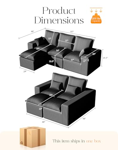 Comfy Cloud Couch with L-Shape Chaise, Modular Sectional Sofa in a Box, Soft Corduroy, Black U67688