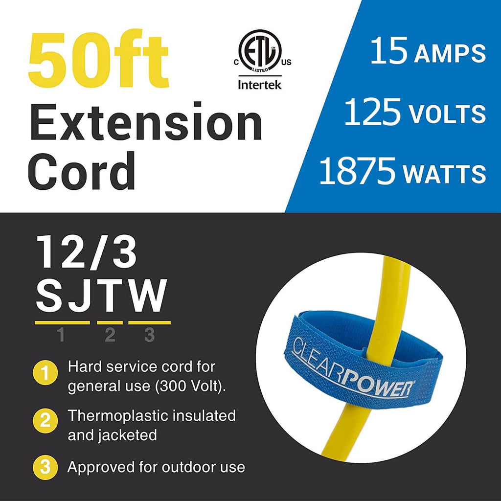 Clear Power 50 ft Heavy Duty Outdoor Extension Cord 12/3 SJTW, Yellow P92716