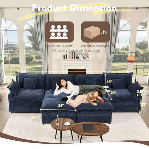 U Shaped Modular Sectional Sofa with Ottoman, Chenille, Black P2121
