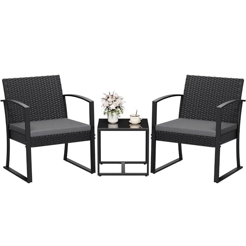 Homall 3 Piece Resin Outdoor Bistro Set with Cushions and Table, Black T139662