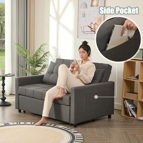 52" Sleeper Sofa with Pull-Out Bed, 3-in-1 Convertible, Linen, Light Gray E80103