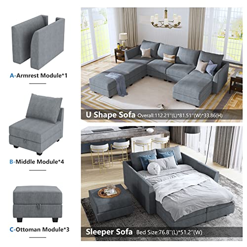 HONBAY Modular Sectional Sofa U Shaped Couch with Storage, Bluish Grey O55291